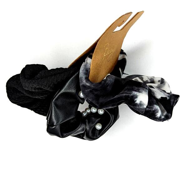 Black Hair Scrunchie Tie Dye Ponytail Pearl and Faux Leather Set of 3 - Picture 2 of 4